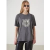 LCW Vision Antrasit Bisiklet Yaka Leopar Baskılı Kadın Tişört