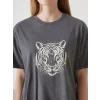 LCW Vision Antrasit Bisiklet Yaka Leopar Baskılı Kadın Tişört