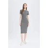 Defacto E6926 Antrasit Bodycon Vücudu Saran Bisiklet Yaka Basic Düz Fitilli Kaşkorse Kısa Kollu Midi Elbise