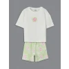 LCW Kids Ekru Bisiklet Yaka Çiçekli Kız Çocuk Tişört ve Şort