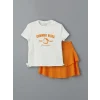 LCW Kids Ekru Bisiklet Yaka Kız Çocuk Tişört ve Etek