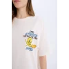 Defacto D9119 Beyaz Coool Looney Tunes Oversize Geniş Kalıp Bisiklet Yaka Baskılı Kısa Kollu Tişört