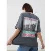 LCW Vision Antrasit Bisiklet Yaka Amsterdam Baskılı Oversize Kadın Tişört