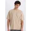 Defacto X3926 Bej Oversize Geniş Kalıp Ütü Gerektirmeyen Bisiklet Yaka Kısa Kollu Basic Düz Ağır Kumaş Tişört
