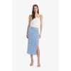 Defacto F0526 Mavi A Kesim Desenli Yüksek Bel Yırtmaçlı Midi Etek