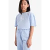 Defacto Z8983 Mavi Kız Çocuk 2li Takım Bisiklet Yaka Baskılı Kısa Kollu Tişört Beli Paçası Lastikli Eşofman Altı