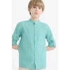 Defacto Z1035 Yeşil Erkek Çocuk Dik Yaka Keten Görünümlü Uzun Kollu Gömlek