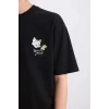 Defacto C1527 Siyah %100 Pamuk Tom & Jerry Oversize Geniş Kalıp Bisiklet Yaka Sırt Baskılı Kısa Kollu Tişört