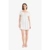 Defacto E0874 Ekru Coool Kare Yaka Çiçekli Bürümcük Kısa Kollu Mini Yazlık Elbise