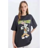 Defacto D9129 Antrasit Coool Looney Tunes Oversize Geniş Kalıp Bisiklet Yaka Baskılı Kısa Kollu Tişört