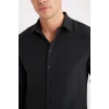 Defacto D7246 Siyah Modern Fit Polo Yaka Dokulu Esnek Kumaş Uzun Kollu Gömlek