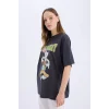 Defacto D9129 Antrasit Coool Looney Tunes Oversize Geniş Kalıp Bisiklet Yaka Baskılı Kısa Kollu Tişört