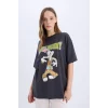 Defacto D9129 Antrasit Coool Looney Tunes Oversize Geniş Kalıp Bisiklet Yaka Baskılı Kısa Kollu Tişört