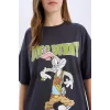 Defacto D9129 Antrasit Coool Looney Tunes Oversize Geniş Kalıp Bisiklet Yaka Baskılı Kısa Kollu Tişört