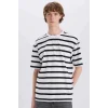 Defacto E1160 Ekru %100 Pamuk Boxy Fit Bisiklet Yaka Çizgili Kısa Kollu Tişört