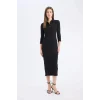Defacto E2245 Siyah Bodycon Vücudu Saran Polo Yaka Basic Düz Fitilli Kaşkorse Yarım Kollu Midi Elbise