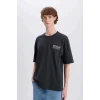 Defacto E3799 Antrasit %100 Pamuk Oversize Geniş Kalıp Bisiklet Yaka Sırt Baskılı Kısa Kollu Tişört