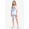 Defacto E5694 Mavi Kız Çocuk 2li Takım Baskılı Kısa Kollu Tişört Biker Tayt