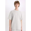Defacto E0493 Gri %100 Pamuk Boxy Fit Bisiklet Yaka Kısa Kollu Tişört