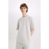 Defacto E0493 Gri %100 Pamuk Boxy Fit Bisiklet Yaka Kısa Kollu Tişört