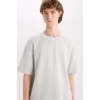 Defacto E0493 Gri %100 Pamuk Boxy Fit Bisiklet Yaka Kısa Kollu Tişört