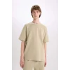Defacto E0493 Haki %100 Pamuk Boxy Fit Bisiklet Yaka Kısa Kollu Tişört