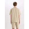 Defacto E0493 Haki %100 Pamuk Boxy Fit Bisiklet Yaka Kısa Kollu Tişört