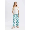 Defacto C5373 Yeşil Kız Çocuk Wide Leg Geniş Bol Paça Çiçekli Beli Lastikli Bürümcük Pantolon