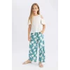 Defacto C5373 Yeşil Kız Çocuk Wide Leg Geniş Bol Paça Çiçekli Beli Lastikli Bürümcük Pantolon