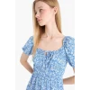 Defacto E0874 Mavi Coool Kare Yaka Çiçekli Bürümcük Kısa Kollu Mini Yazlık Elbise
