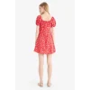 Defacto E0873 Kırmızı Coool Kare Yaka Çiçek Desenli Viskon Kısa Kollu Mini Elbise