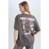Defacto E0637 Gri Coool Oversize Geniş Kalıp Bisiklet Yaka Sırt Baskılı Kısa Kollu Tişört
