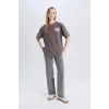 Defacto E0637 Gri Coool Oversize Geniş Kalıp Bisiklet Yaka Sırt Baskılı Kısa Kollu Tişört