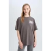 Defacto E0637 Gri Coool Oversize Geniş Kalıp Bisiklet Yaka Sırt Baskılı Kısa Kollu Tişört