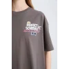 Defacto E0637 Gri Coool Oversize Geniş Kalıp Bisiklet Yaka Sırt Baskılı Kısa Kollu Tişört