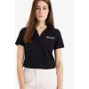 Defacto E5150 Siyah Slim Fit Dar Kesim Polo Yaka Nakış Baskı Baskılı Modal Kısa Kollu Tişört