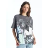 LCW Vision Antrasit Bisiklet Yaka Baskılı Kısa Kollu Oversize Kadın Tişört