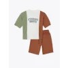 LCW Kids Kahverengi Bisiklet Yaka Kısa Kollu Baskılı Erkek Bebek Tişört ve Şort 2li Takım