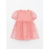 LCW Kids Pembe Bisiklet Yaka Kısa Kollu Dantel Kız Bebek Elbise
