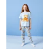 LCW Kids Mavi Bisiklet Yaka Baskılı Kısa Kollu Kız Çocuk Pijama Takımı