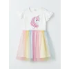 LCW Kids Ekru Bisiklet Yaka Baskılı Kız Çocuk Elbise