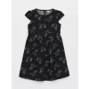 LCW Kids Siyah Bisiklet Yaka Desenli Kısa Kollu Kız Çocuk Elbise