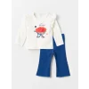 LCW baby Ekru Bisiklet Yaka Uzun Kollu Baskılı Kız Bebek Bluz ve Tayt Pantolon 2li Takım