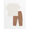 LCW Kids Bej Bisiklet Yaka Kısa Kollu Erkek Bebek Tişört ve Pantolon 2li Takım