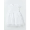 LCW Kids Beyaz Bisiklet Yaka Kısa Kollu Kız Çocuk Tül Elbise