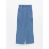 LCW Jeans Indigo Beli Lastikli Wideleg Kadın Kargo Jean Pantolon
