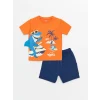 LCW Kids Turuncu Bisiklet Yaka Baskılı Erkek Bebek Tişört ve Şort 2li Takım