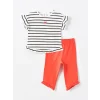 LCW Kids Ekru Bisiklet Yaka Kısa Kollu Çizgili Kız Bebek Bluz ve Tayt 2li Takım