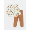 LCW Kids Ekru Bisiklet Yaka Uzun Kollu Baskılı Erkek Bebek Sweatshirt ve Pantolon 2li Takım