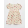 LCW Kids Ekru Kare Yaka Desenli Kız Bebek Elbise
